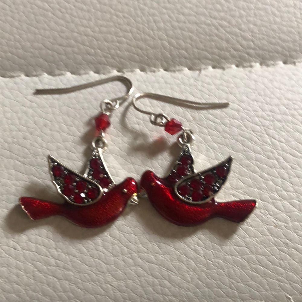 Red Bird Earrings with Silver Accents